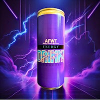 a purple can of energy drink on a blue background