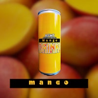 a can of mango drink in front of a bunch of mangoes