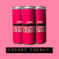 three cans of cherry energy on a pink background
