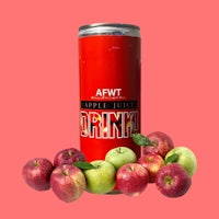 a can of apple drink surrounded by apples