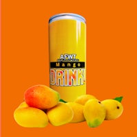 a can of mango drink next to a bunch of mangoes