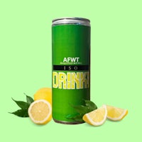 a can of drinks with lemons and leaves on a green background