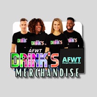 a group of people with the words afw drink's merchandise