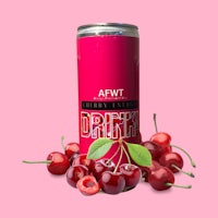 a can of cherry drink on a pink background