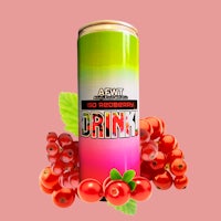 a can of red currant drink on a pink background