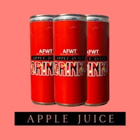three cans of apple juice on a pink background